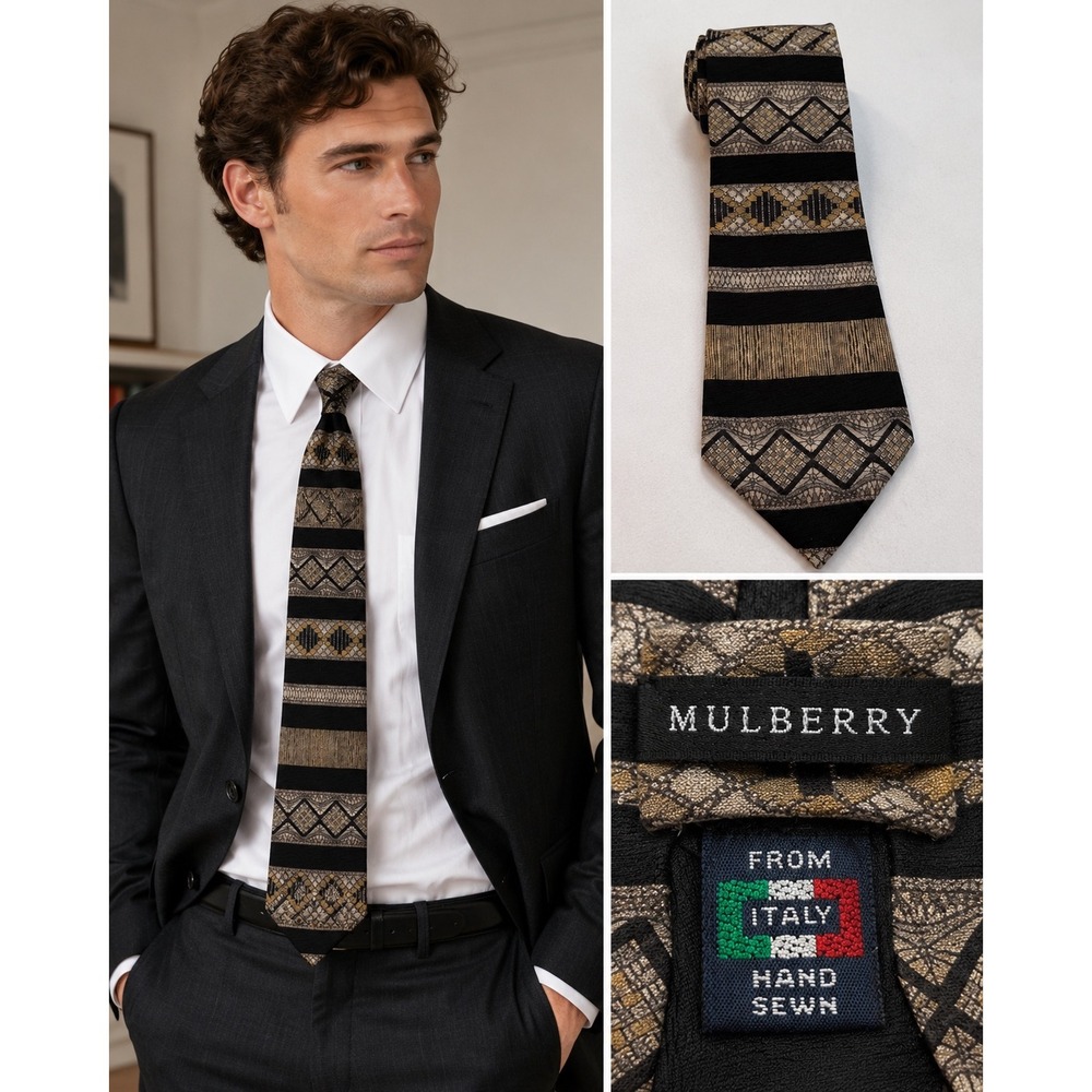 Mulberry Italy Silk Tie Black Gold Silver Geometric Striped Hand Sewn 2569